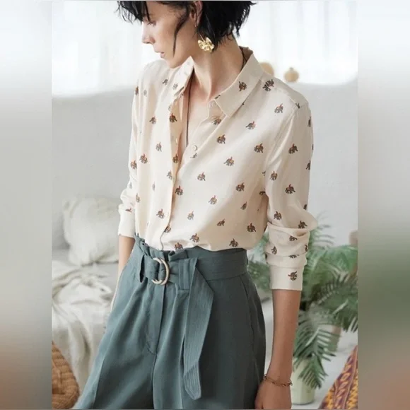 EQUIPMENT Silk Blouse Elephant India Novelty SMALL Beige - Picture 11 of 16